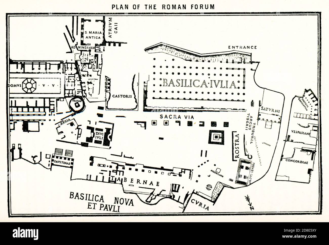 Esta ilustración de 1876 ofrece un plan del antiguo Foro Romano. En la antigua Roma, el foro era el mercado y el lugar de encuentro y consistía en una plaza abierta rodeada de edificios públicos. El foro más conocido es el de Roma, representado aquí. La estructura en el medio es la Basílica Juliana. Corriendo delante está la Sacra vía (camino Sagrado) Foto de stock