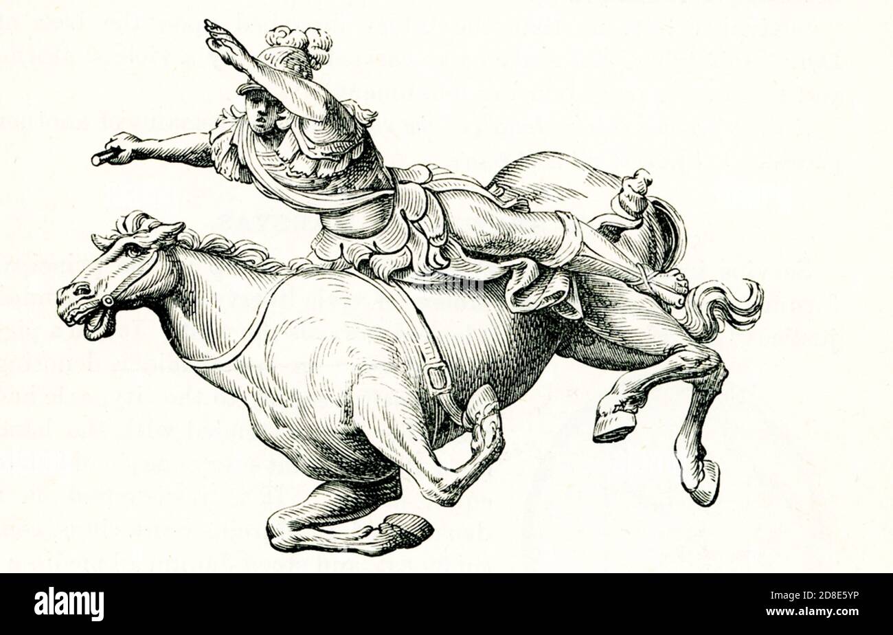 Marcus Curtius salta al Golfo. Este relieve se encuentra en la Villa Borghese. Marcus Curtius, un héroe legendario de la antigua Roma. Según la leyenda, en el año 362 a.C. se abrió un profundo abismo en el Foro Romano. Los videntes declararon que el pozo nunca cerraría hasta que la posesión más valiosa de Roma fuera arrojada. Afirmando que nada era más precioso que un valiente ciudadano, Curtius se metió, totalmente armado y a caballo, en el abismo, que se cerró inmediatamente. Foto de stock