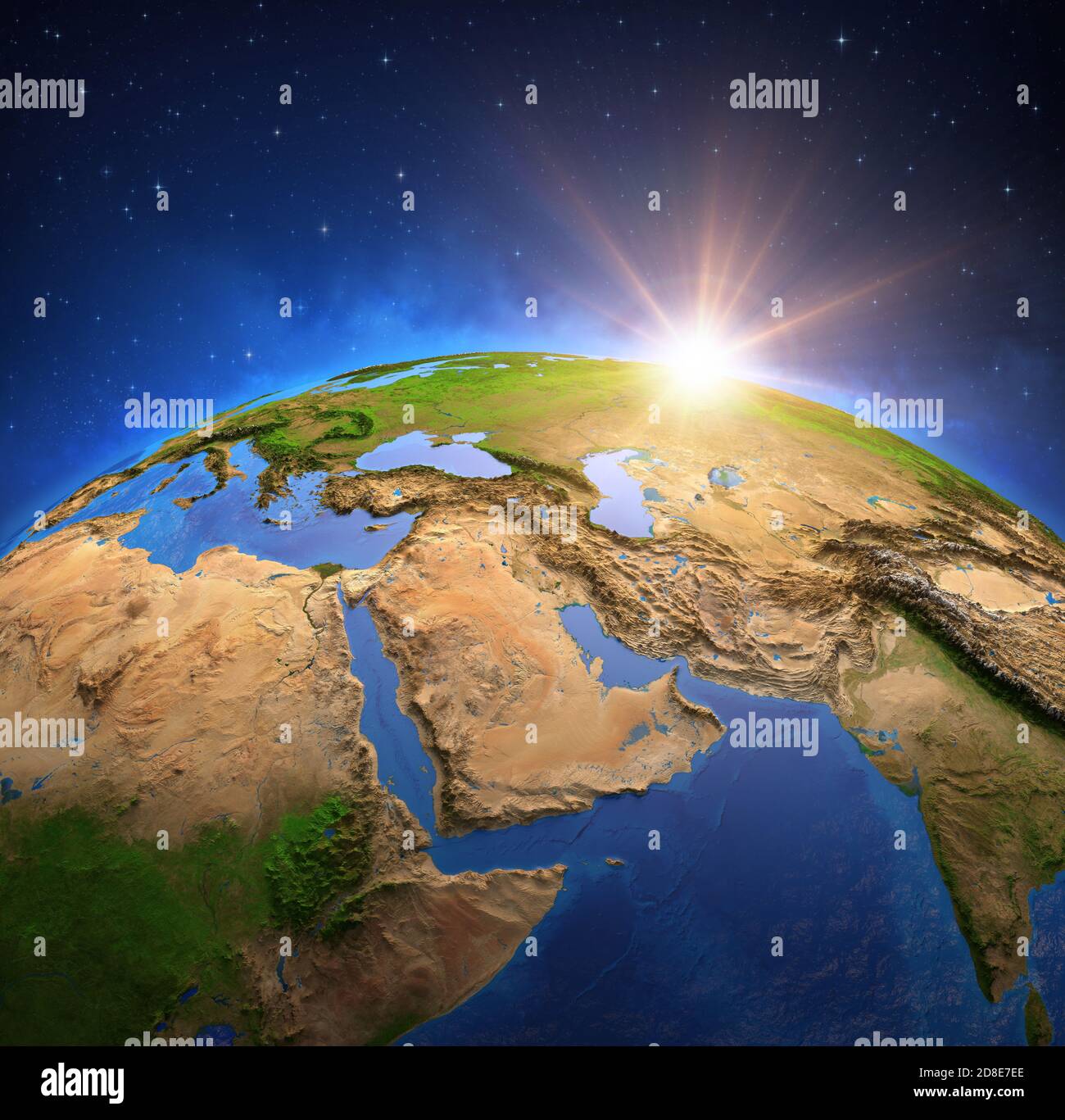 Superficie del Planeta Tierra vista desde un satélite, centrado en Oriente Medio, sol que se eleva en el horizonte. Mapa del Golfo Pérsico. Elementos proporcionados por la NASA Foto de stock