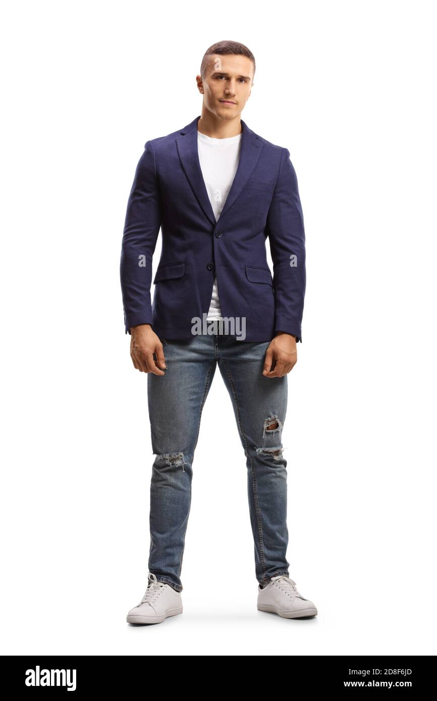 Foto de perfil de longitud completa de un joven en forma jeans rasgados y  traje aislado sobre fondo blanco Fotografía de stock - Alamy