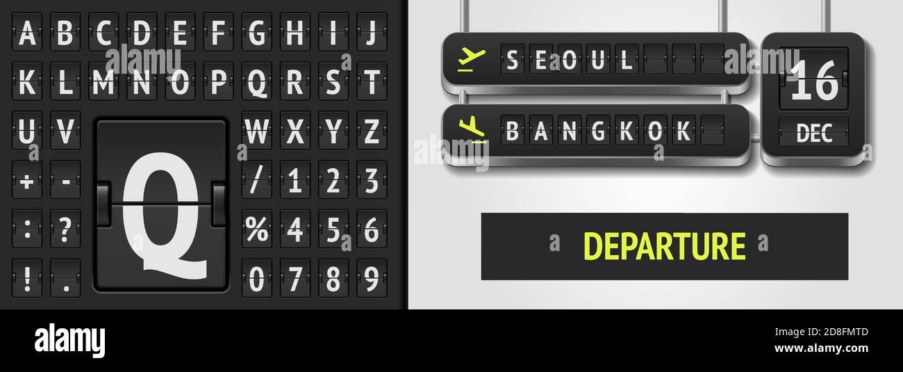 Marcador analógico abecedario y vector de salida del aeropuerto con destino  en Seúl y Bangkok. Plantilla realista de pizarra de avión 3D con la fecha  del vuelo o del tren Imagen Vector