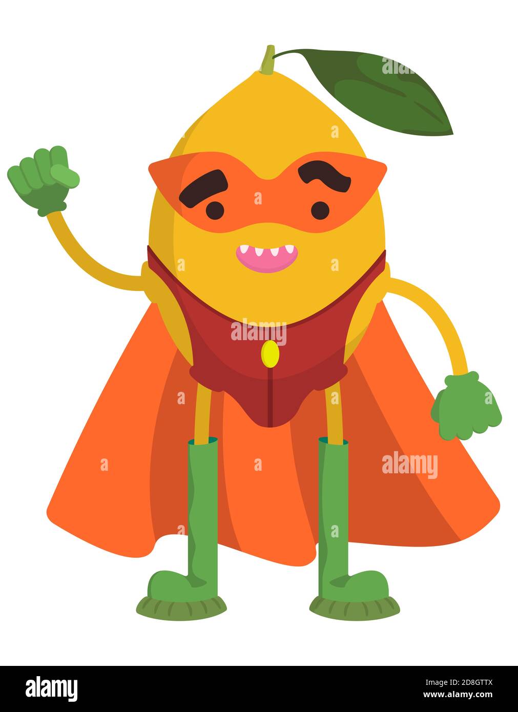 Divertido superhéroe de frutas. Limón en estilo de dibujos animados. Ilustración del Vector