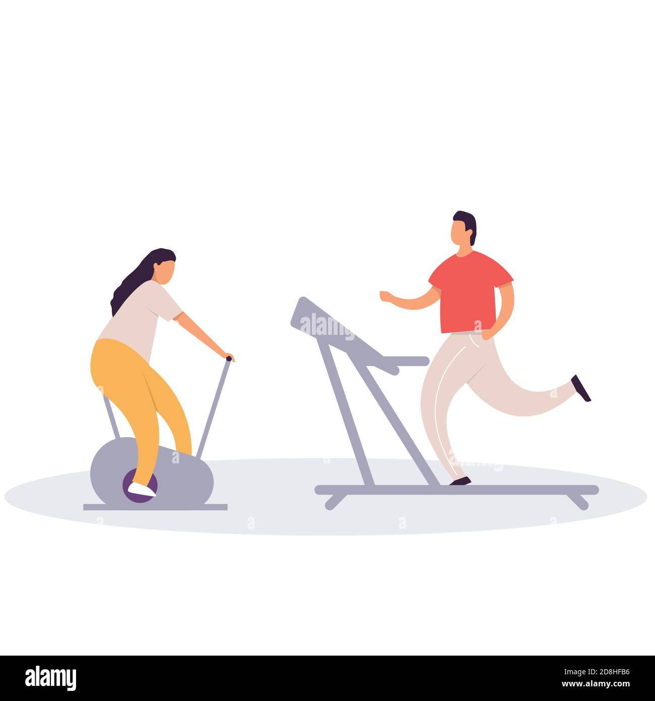 Hombre gordo corriendo en cinta de correr y mujer gorda en bicicleta de ejercicio. Personaje de dibujos animados haciendo entrenamiento cardiovascular en máquina de ejercicio, concepto de pérdida de peso. Plana Ilustración del Vector