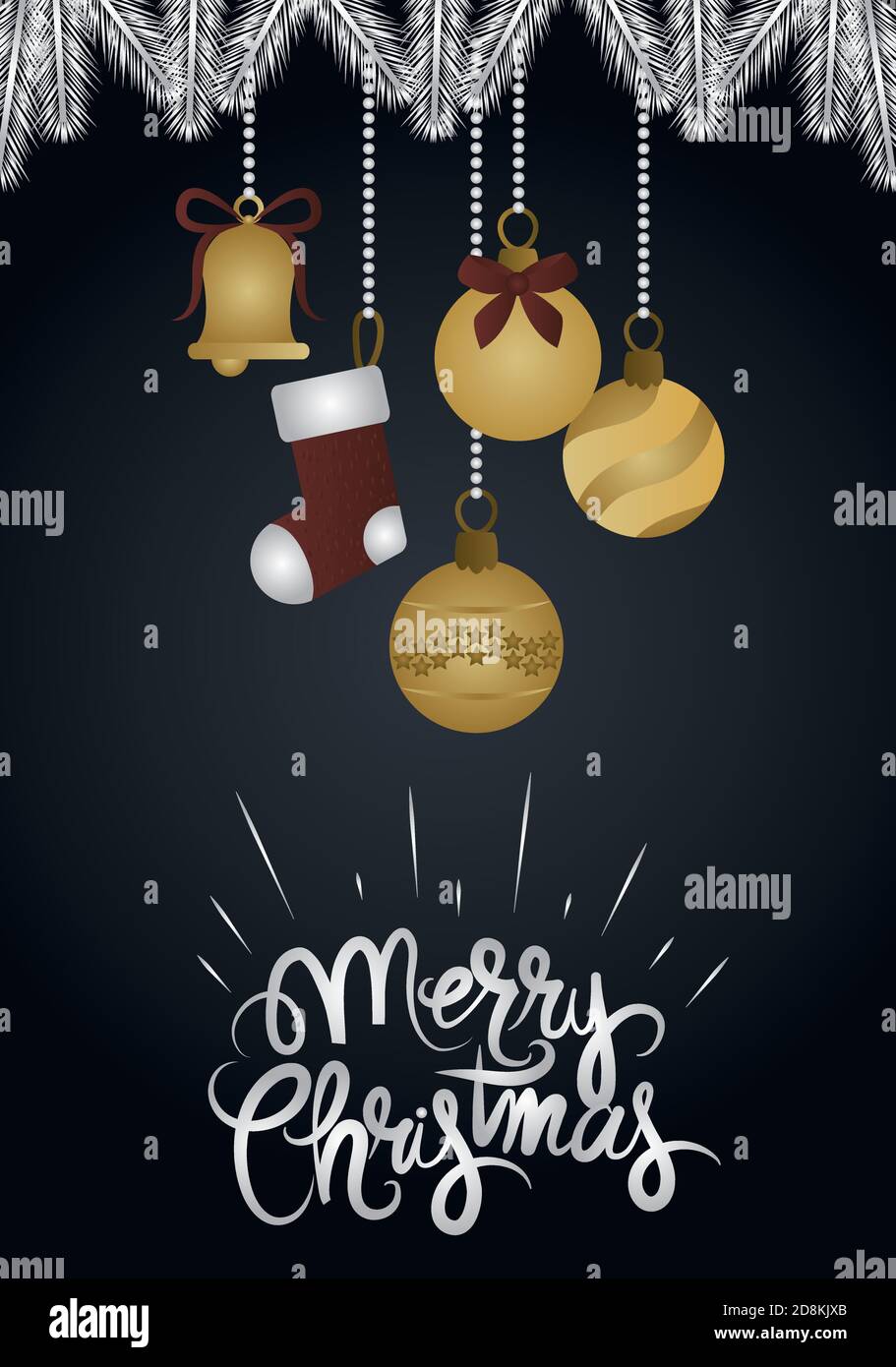feliz navidad, bolas colgantes de oro campana y calcetín con dibujo a mano  de texto vector ilustración Imagen Vector de stock - Alamy