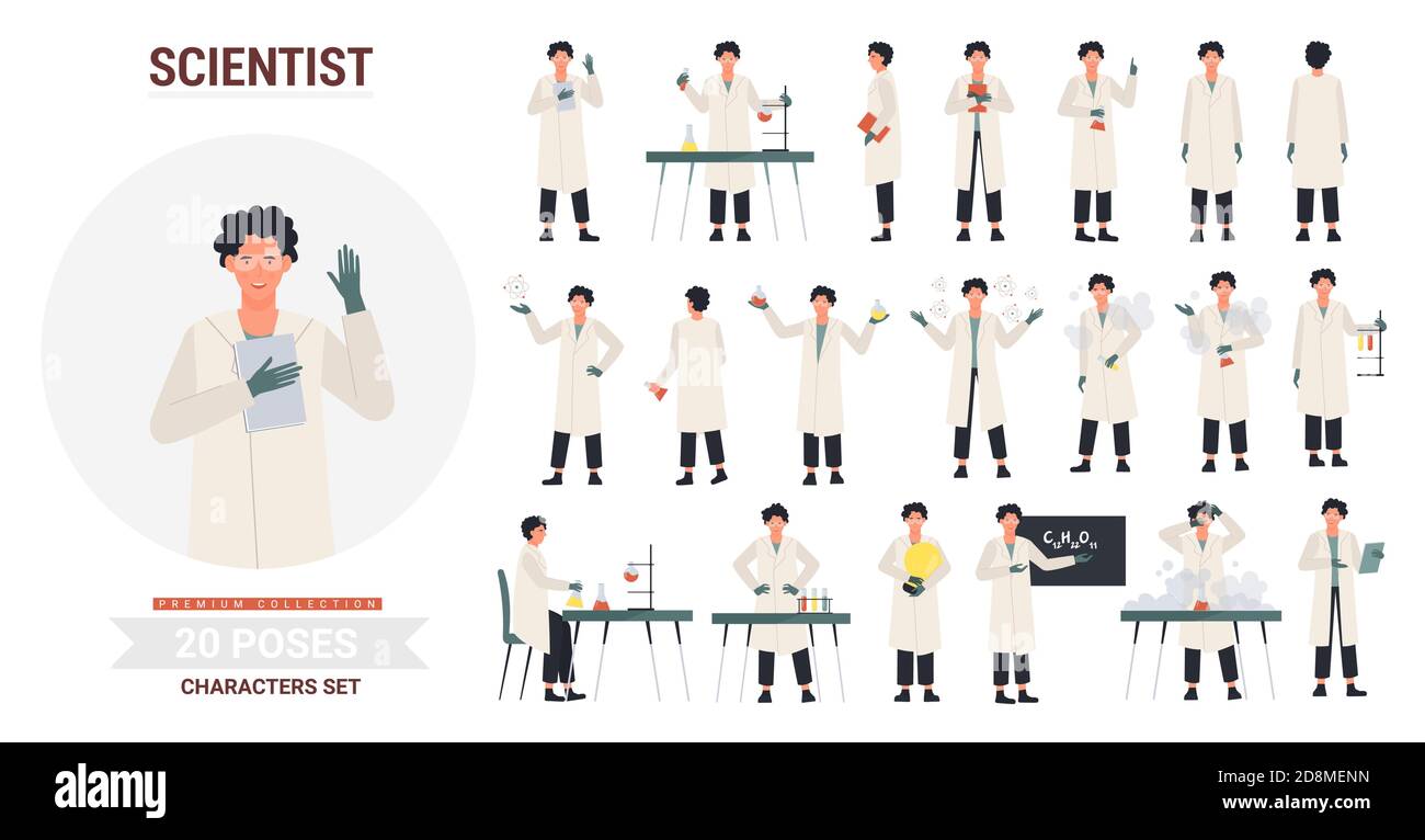 Científico de niño de dibujos animados de vector con bata blanca de  laboratorio agitando