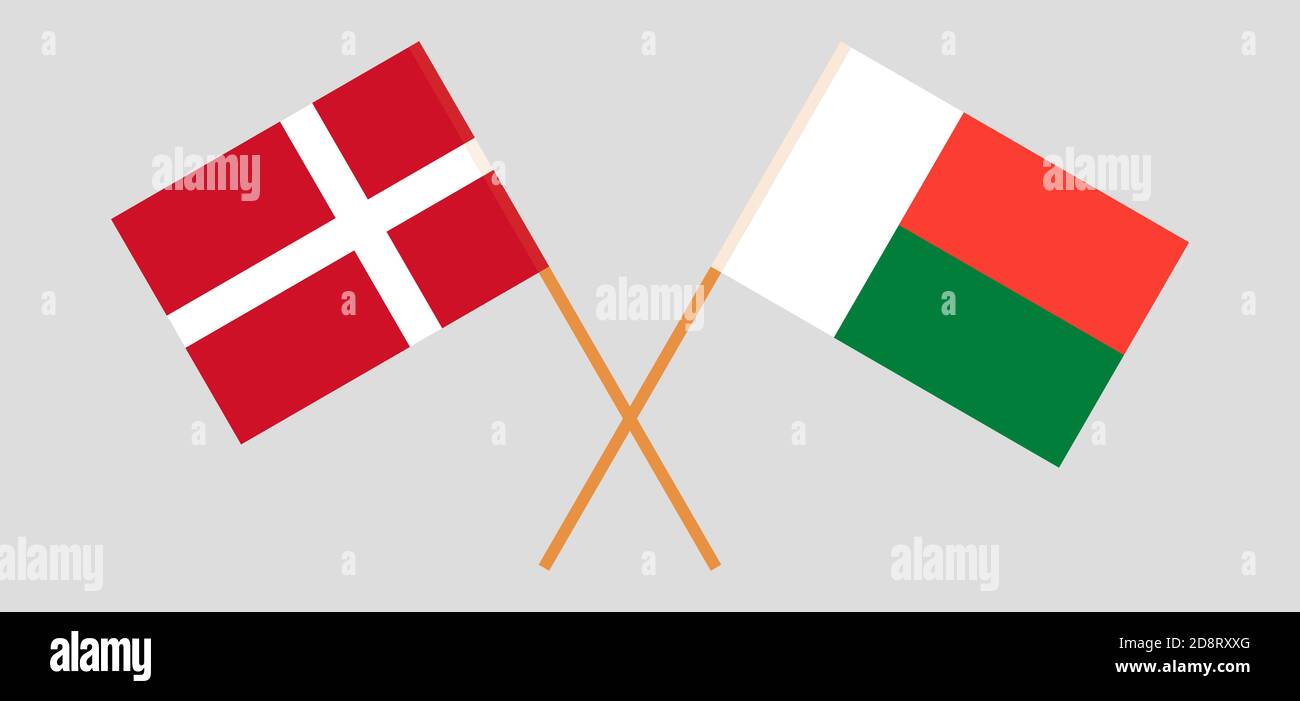 Banderas cruzadas de Madagascar y Dinamarca. Colores oficiales. Proporción correcta. Ilustración vectorial Ilustración del Vector
