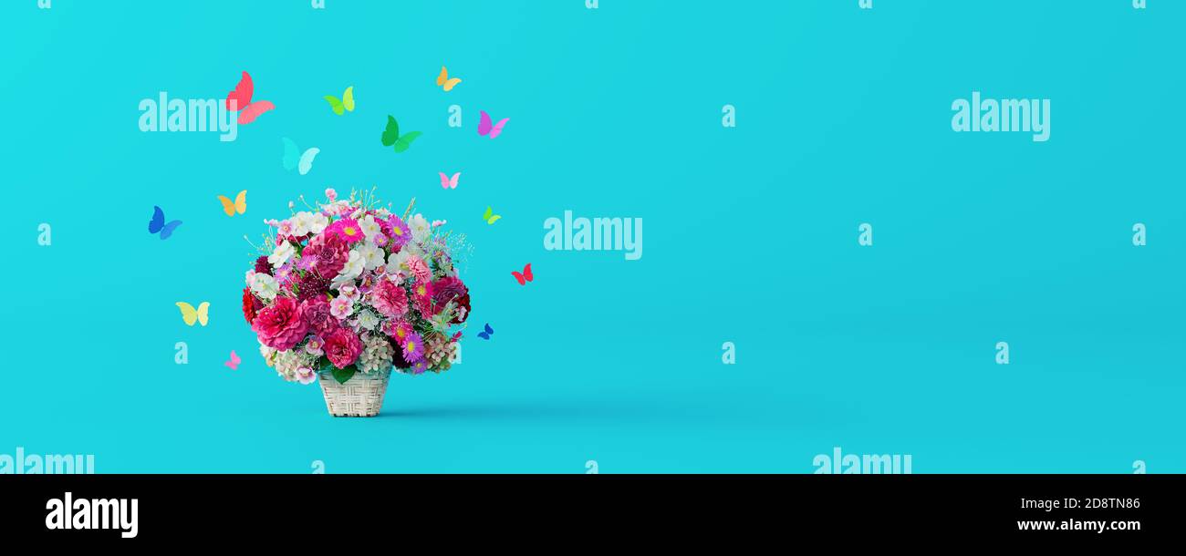 Mariposas de colores y hermosa cesta de flores sobre fondo azul 3d renderice la ilustración 3d Foto de stock