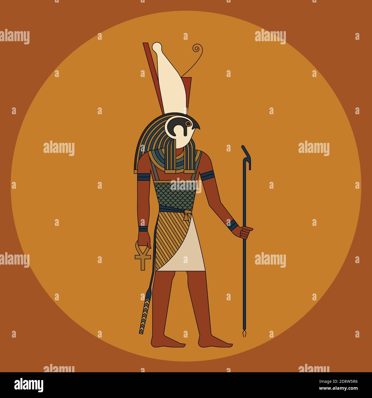 El dios del cielo y del sol en el disfraz de un halcón, un hombre con la  cabeza de un halcón es el antiguo dios Horus. Ilustración de color aislada  contra el