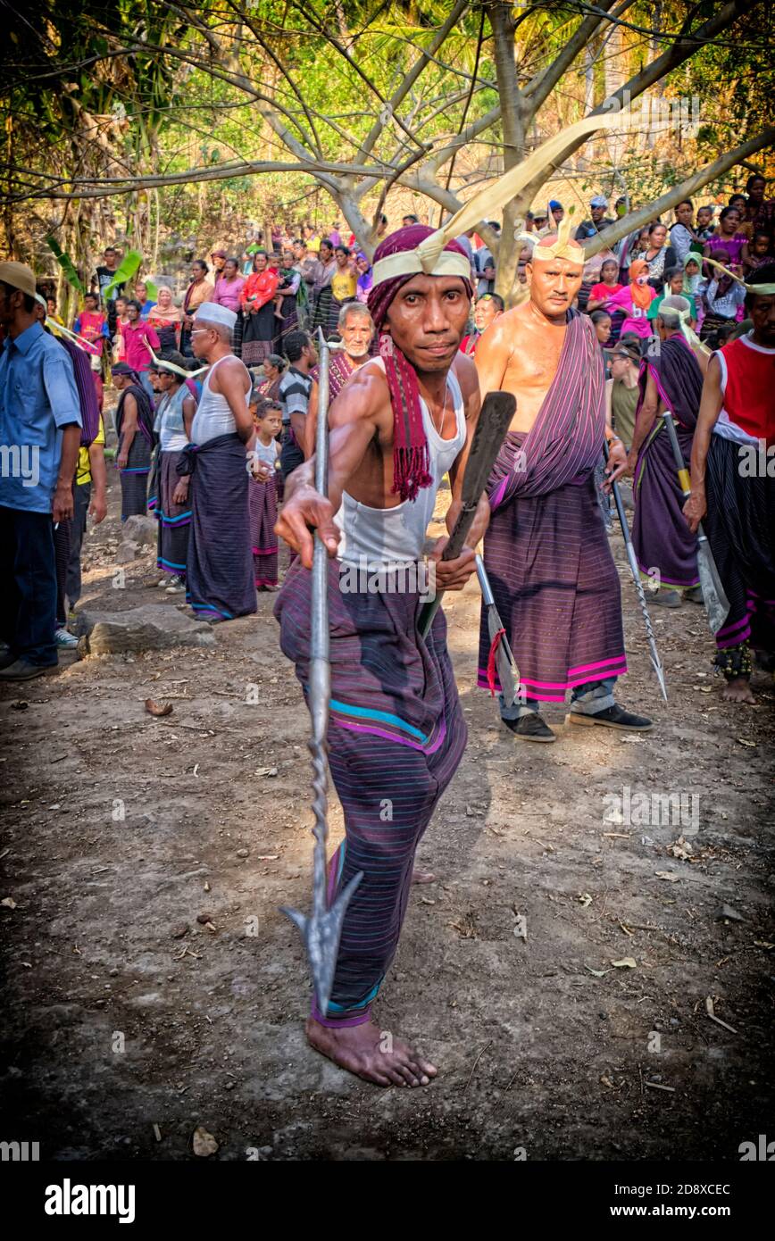 El hombre bailarín utiliza la lanza y el machete tomados @ Atawatung antiguo pueblo (kampong lama), Lewotolok, Lembata, Nusa Tenggara del este, Indonesia Foto de stock