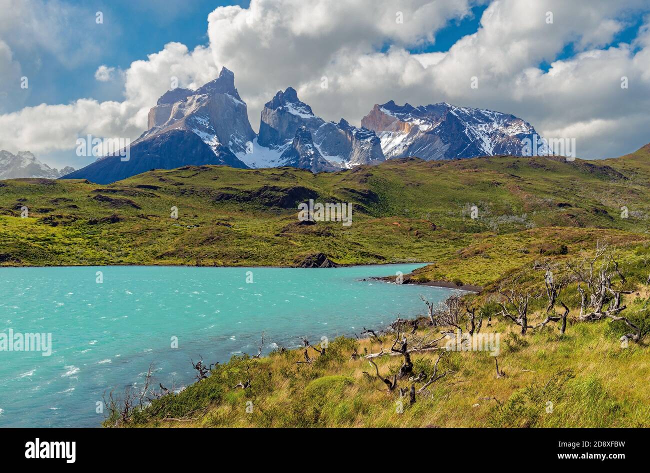 Los majestuosos picos montañosos Torres del Paine Andes por el Lago Pehoe, Parque Nacional Torres del Paine, Patagonia, Chile. Foto de stock