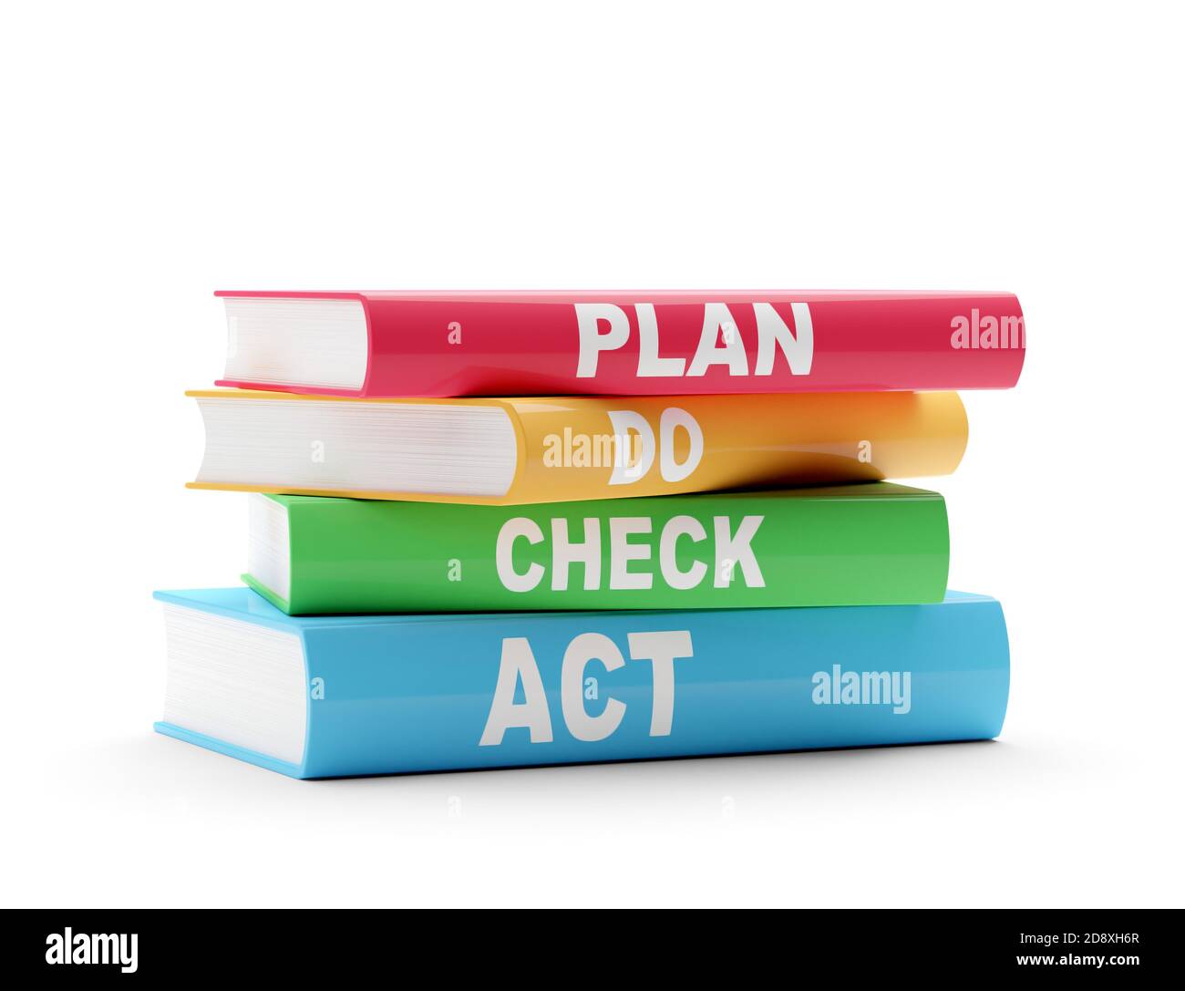 PDCA, plan - do - check - ACT, esquema sobre libros rojos, amarillos,  verdes y azules sobre fondo blanco, control de calidad, modelo de diseño o  ingeniero iterativo Fotografía de stock - Alamy
