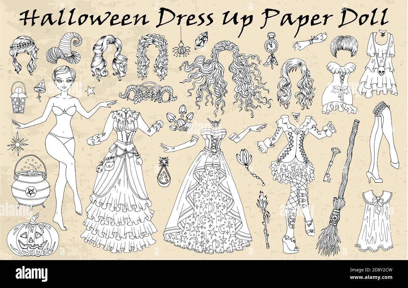 Juego de vestir muñeca de papel con ropa de bruja de Halloween, calabaza, escoba, olla. Ilustración vectorial dibujado a mano para juegos, colorear la página con el cuerpo tentl Imagen Vector de Juego de vestir muñeca de papel con ropa de bruja de Halloween, calabaza, escoba, olla. Ilustración vectorial dibujado a mano para juegos, colorear la página con el cuerpo tentl Imagen Vector de
