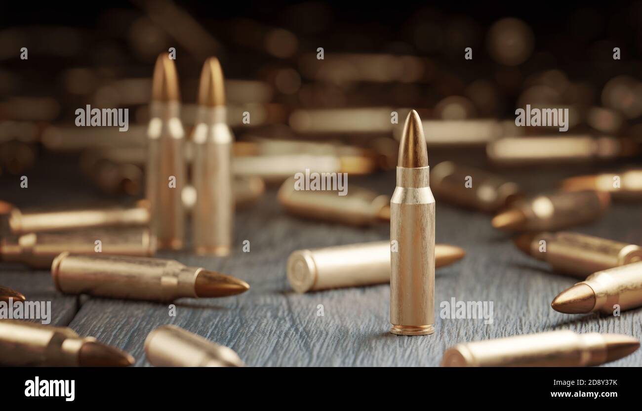Muchas balas sobre la mesa. Oncópto. Militario. Ilustración renderizada en 3D. Foto de stock