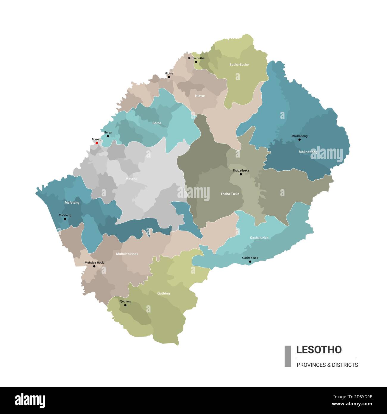 Lesotho higt mapa detallado con subdivisiones. Mapa administrativo de Lesotho con el nombre de los distritos y ciudades, coloreado por los estados y el distrito administrativo Ilustración del Vector