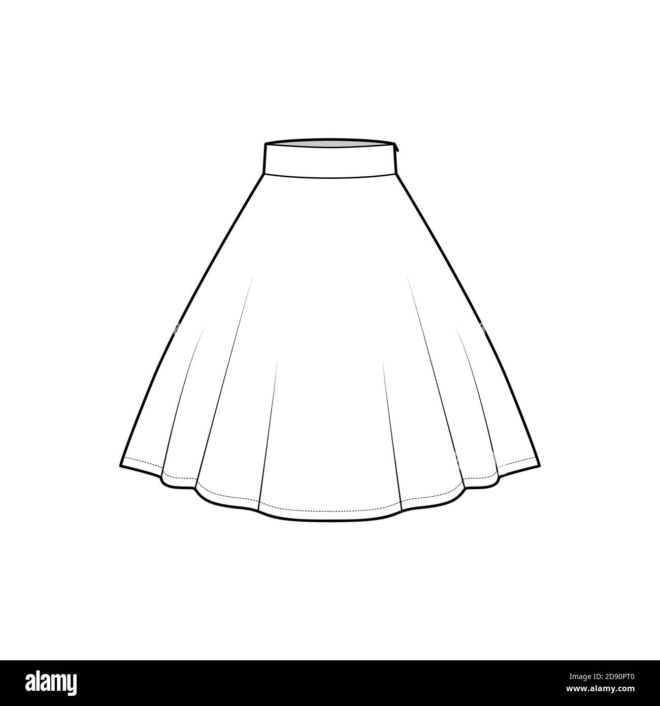 Falda circular plenitud técnica ilustración de moda con bajo-la-rodilla  longitudes silueta, cintura gruesa. Plantilla de fondo plano frontal,  estilo de color blanco. Mujeres hombres unisex CAD mascup Imagen Vector de  stock -