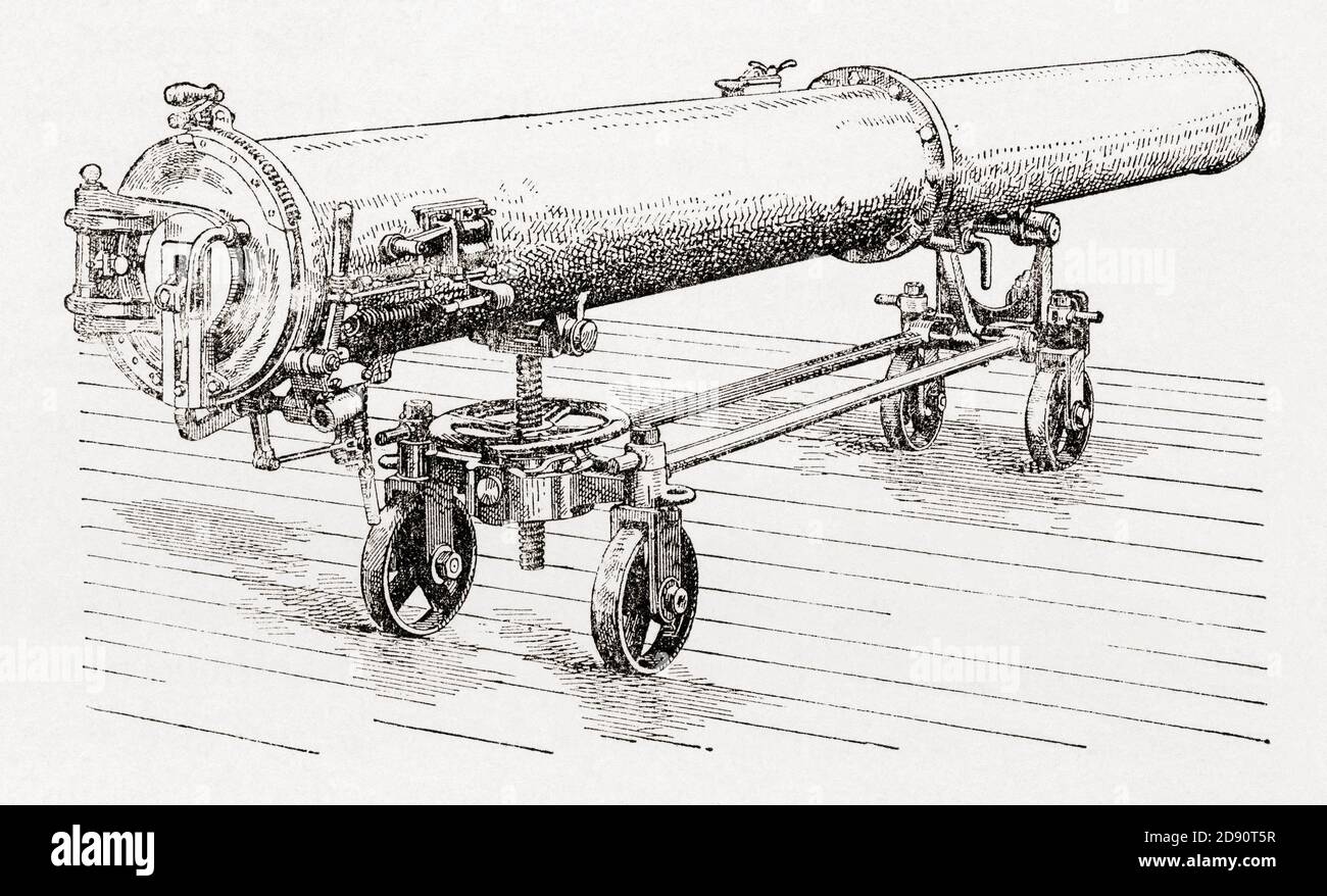 Lanzador de torpedos sobre un soporte móvil, desarrollado por el ingeniero francés Gustave Canet (1846–1913). De Bibliotheque Des Merveilles, publicado en 1888. Foto de stock