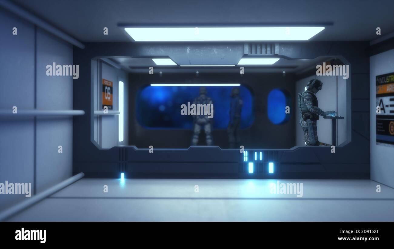renderizar en 3d. Pasillo futurista. Concepto de arquitectura moderna y nave espacial interior Foto de stock