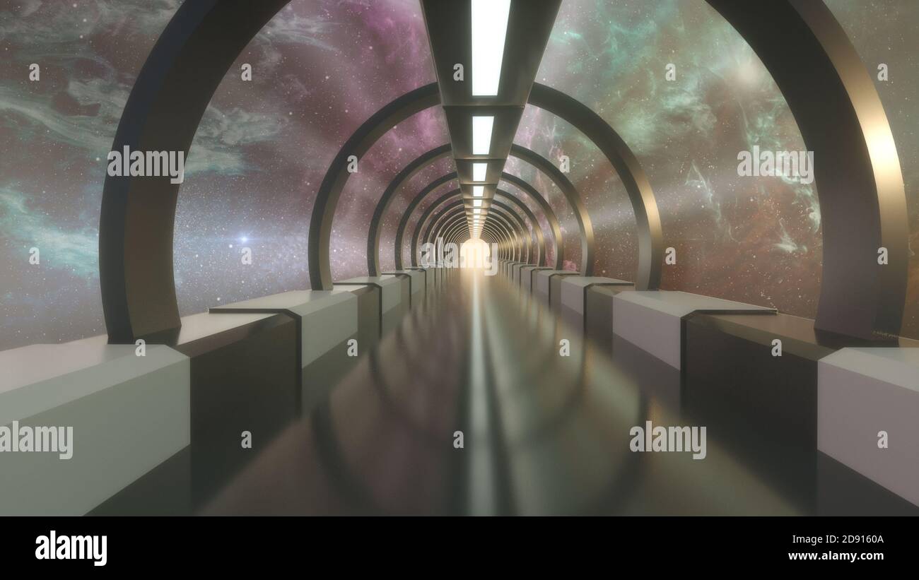 renderizar en 3d. Pasillo futurista. Concepto de arquitectura moderna y nave espacial interior Foto de stock