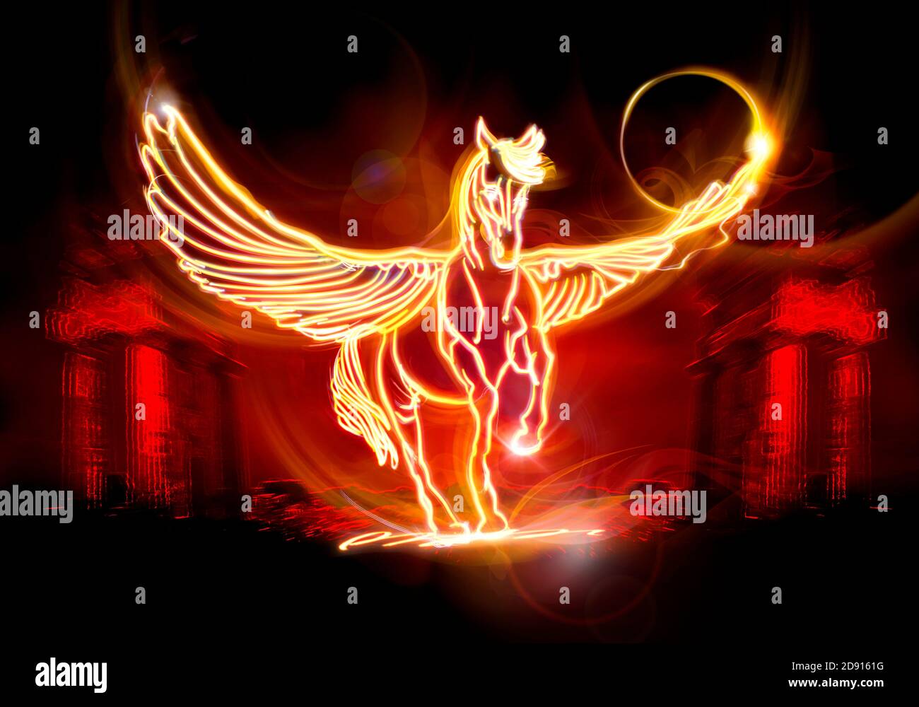Pegasus alado caballo dibujado en la pintura digital de la luz con el resumen antecedentes Foto de stock