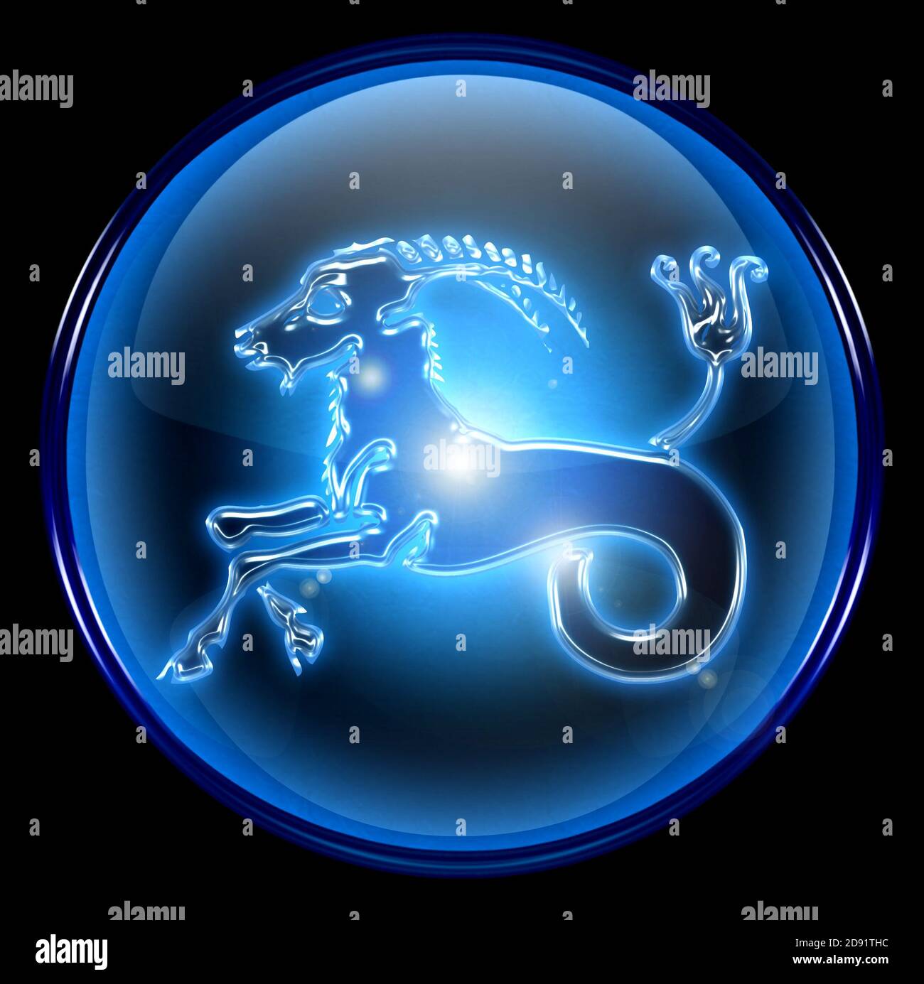 Botón Capricornio zodiaco, aislado sobre fondo negro. Foto de stock