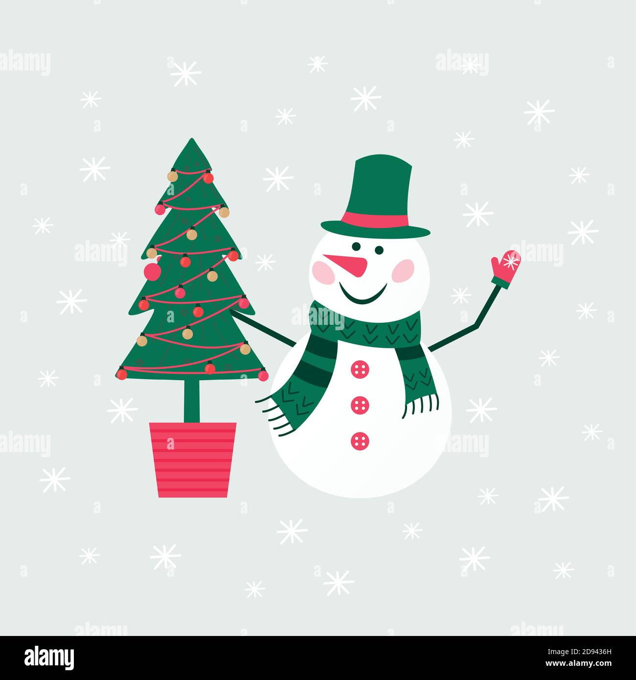 Feliz Navidad lindo tarjeta de felicitación con muñeco de nieve y copos de  nieve para feliz año nuevo regalos. Estilo escandinavo de carteles para la  invitación, niños roo Imagen Vector de stock -