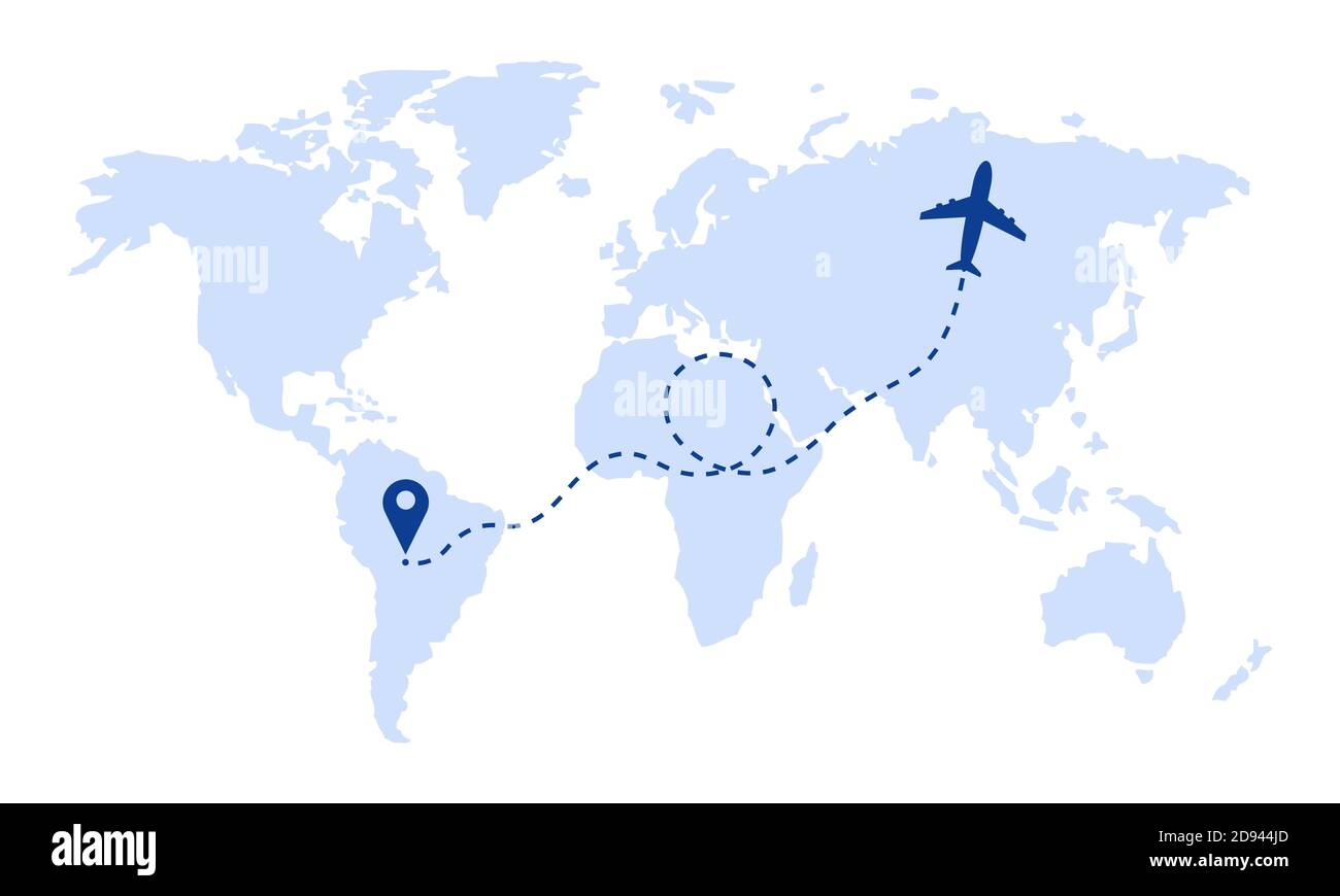 Ruta de viaje en avión con concepto de punto de partida en el mapa del mundo. Ilustración del Vector