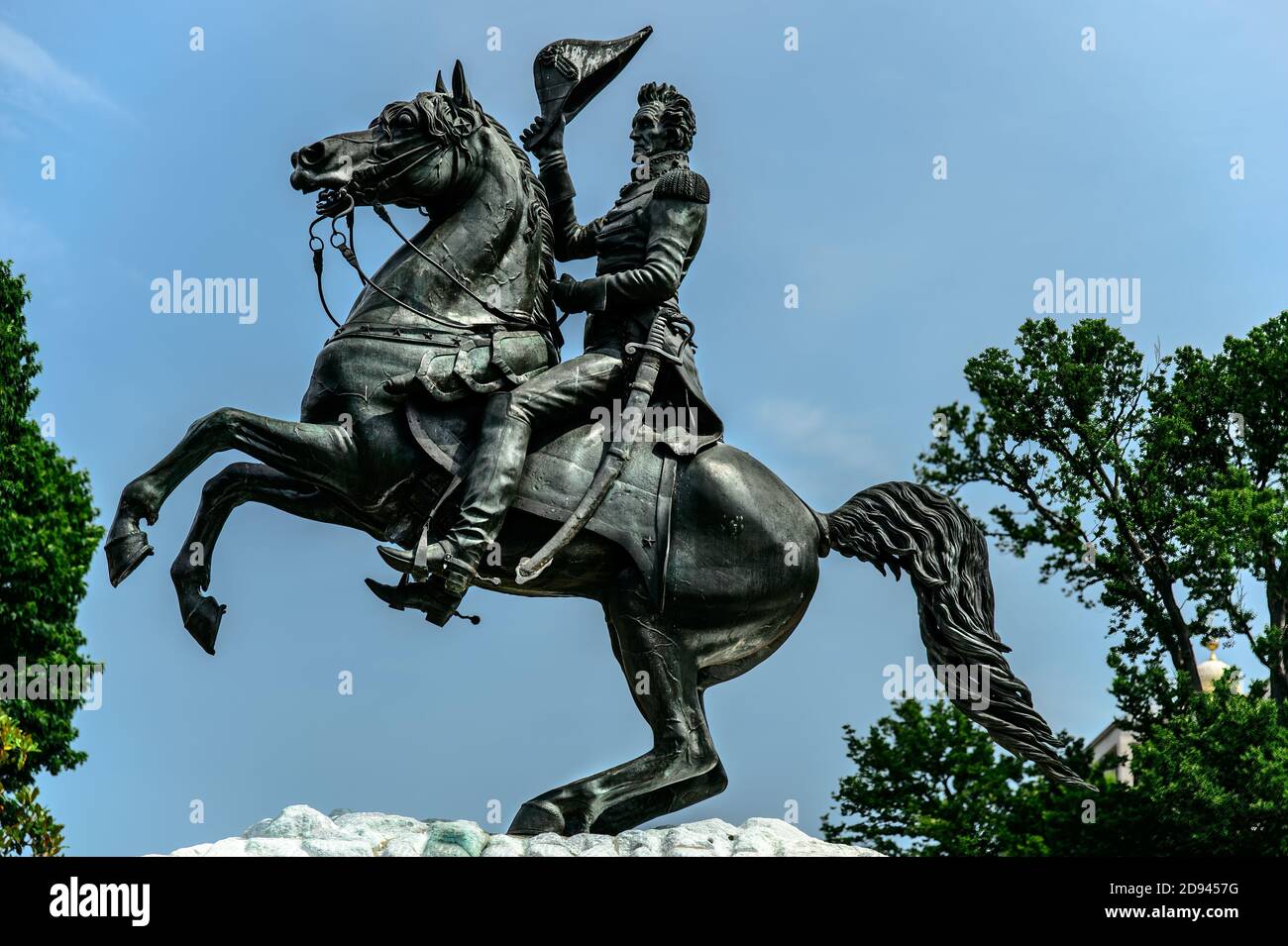 Estatua de bronce del General Andrew Jackson en la Plaza Lafayette ubicada en el Parque del Presidente en Washington, D.C. Foto de stock
