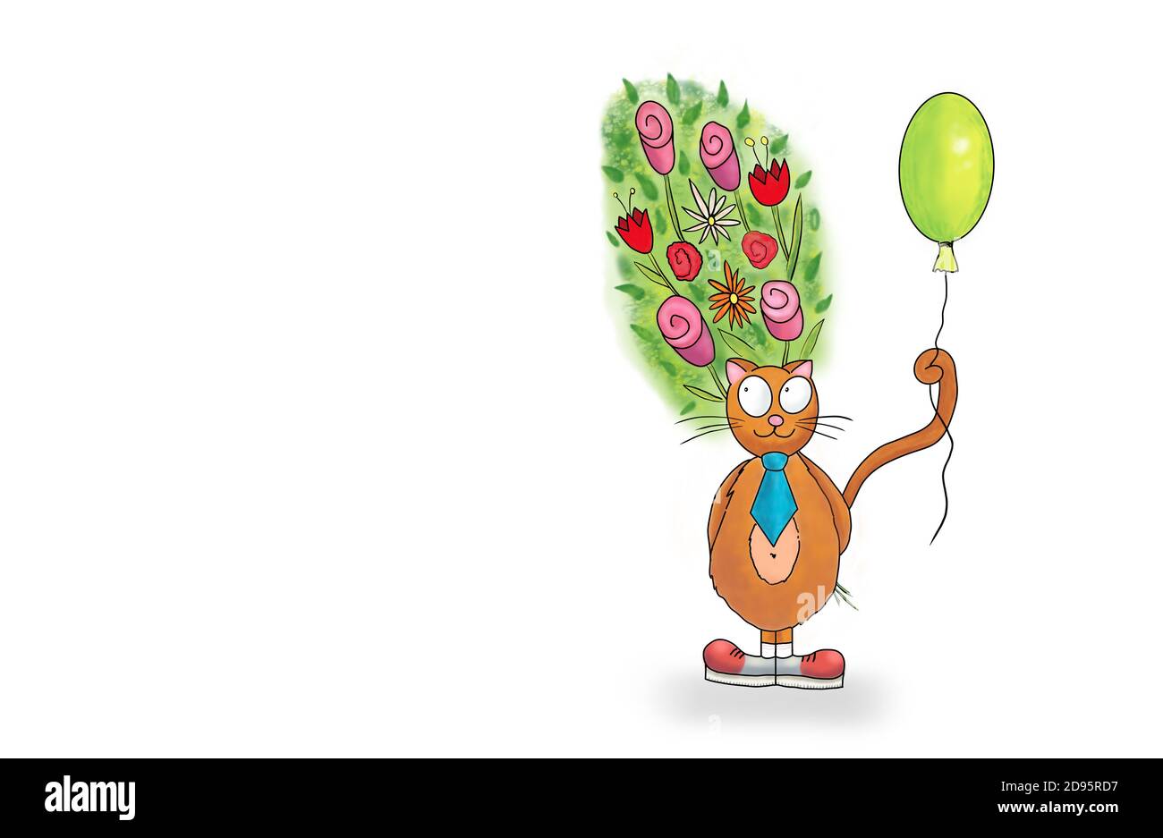 Lindo gato de dibujos animados gracioso sosteniendo un ramo de flores. Ilustración de fondo de tarjeta de felicitación blanca con espacio de copia Foto de stock