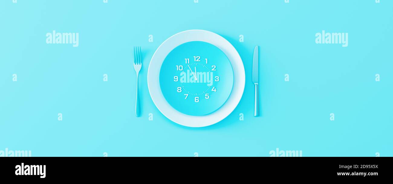 Reloj en plato de cena con tenedor y cuchillo sobre fondo azul pastel. Tiempo para comer, desayuno, almuerzo y cena concepto 3d renderizar ilustración en 3d Foto de stock
