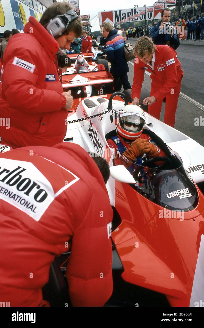 1982 Gran Premio de Bélgica práctica en Zolder Foto de stock