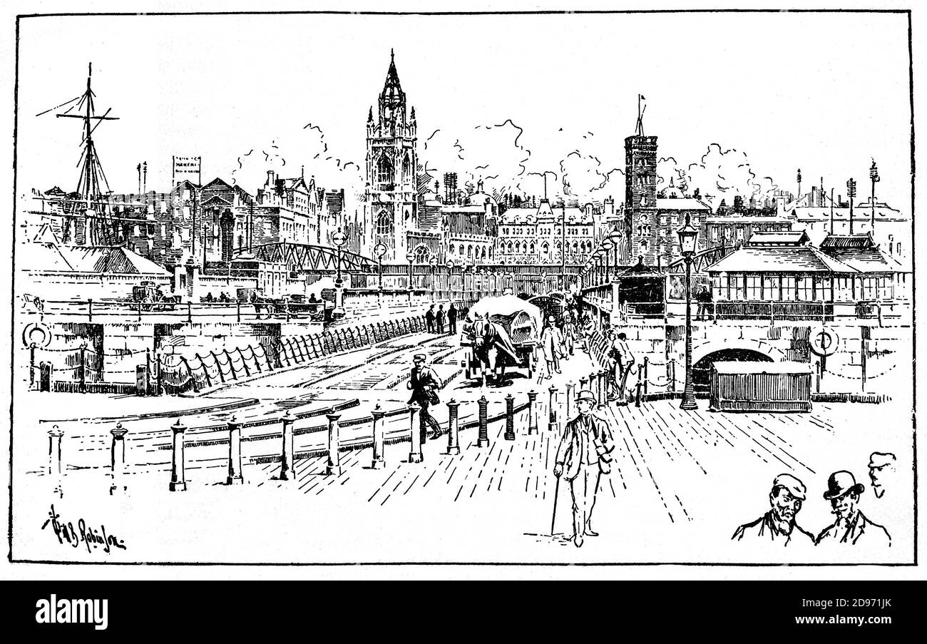 Una vista de finales del siglo XIX de la Iglesia de San Nicolás, el puente flotante y el punto de aterrizaje en Liverpool, Merseyside, Inglaterra. Originalmente, el Landing Stage estaba situado en el Pier Head para servir el servicio de transporte transatlántico. Foto de stock