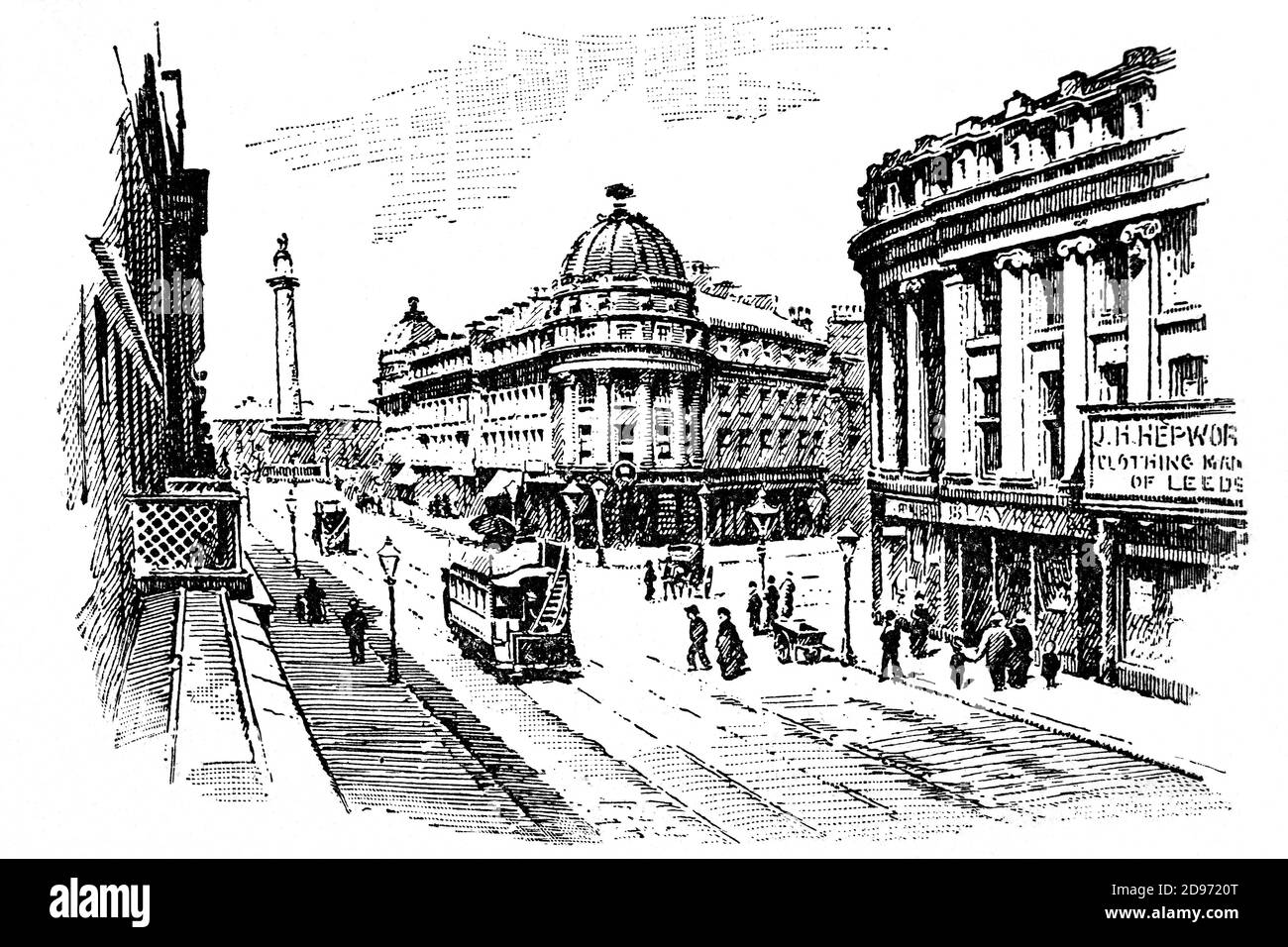 Una vista de finales del siglo 19 de la calle Grainger en el centro de Newcastle-upon-Tyne. El centro de la ciudad fue reconstruido, en su mayoría por tres hombres, John Dobson, un arquitecto, Richard Grainger, un constructor y John Clayton, el empleado de la ciudad. Los tres tienen calles que llevan el nombre de ellos. Foto de stock