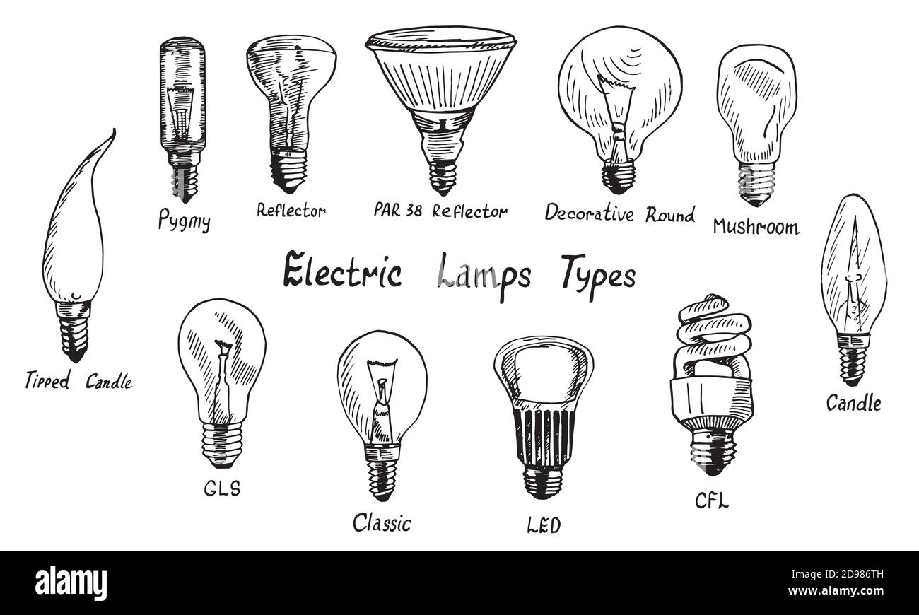Conjunto de tipos de lámparas eléctricas, diseño de estilo madera,  tallarines dibujados a mano, dibujo ilustración aislada Fotografía de stock  - Alamy