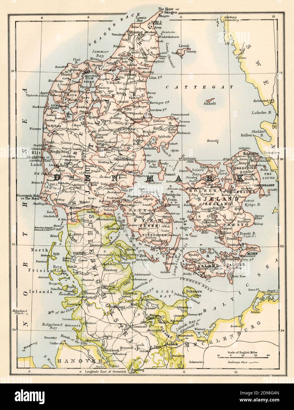 Mapa de Dinamarca en la década de 1870. Litografía de color Foto de stock