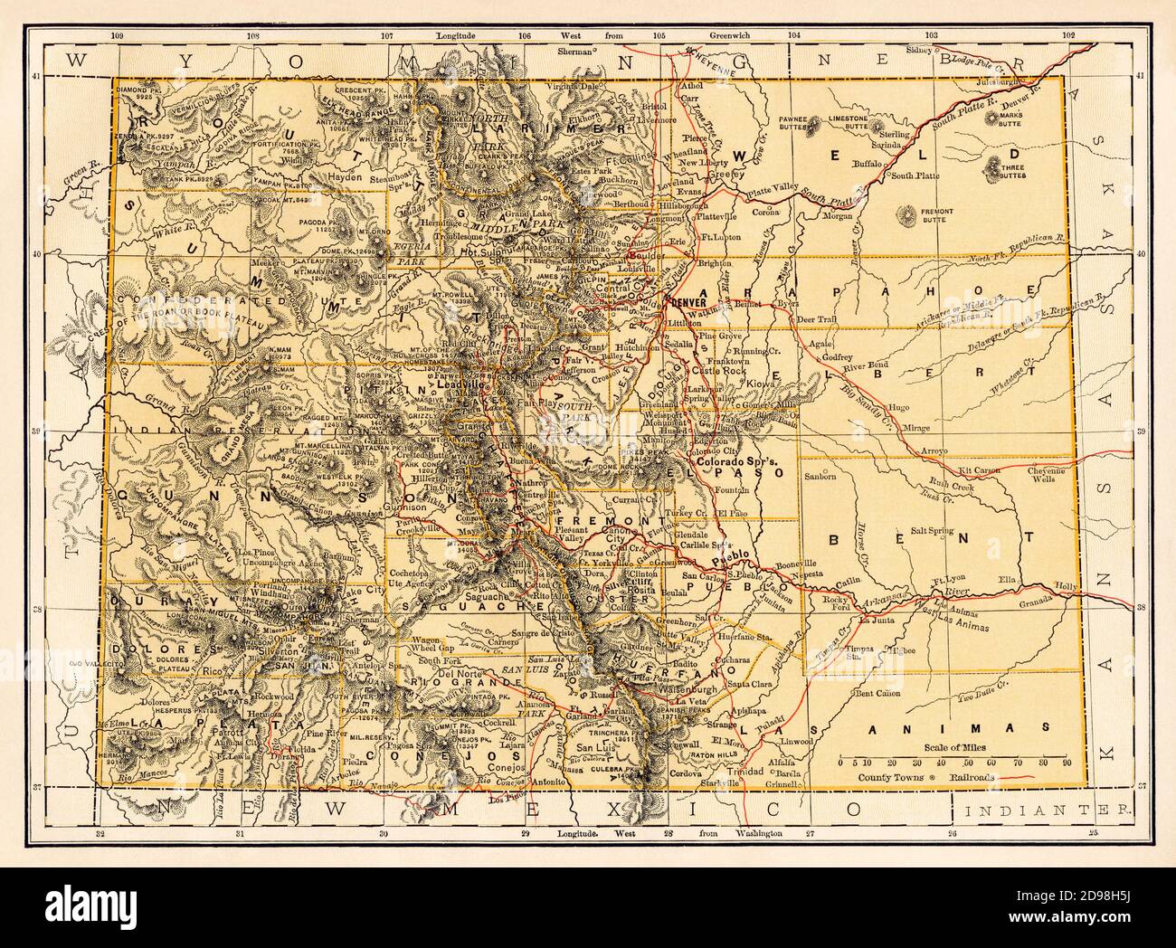 Mapa de Colorado, 1870. Litografía de color Foto de stock