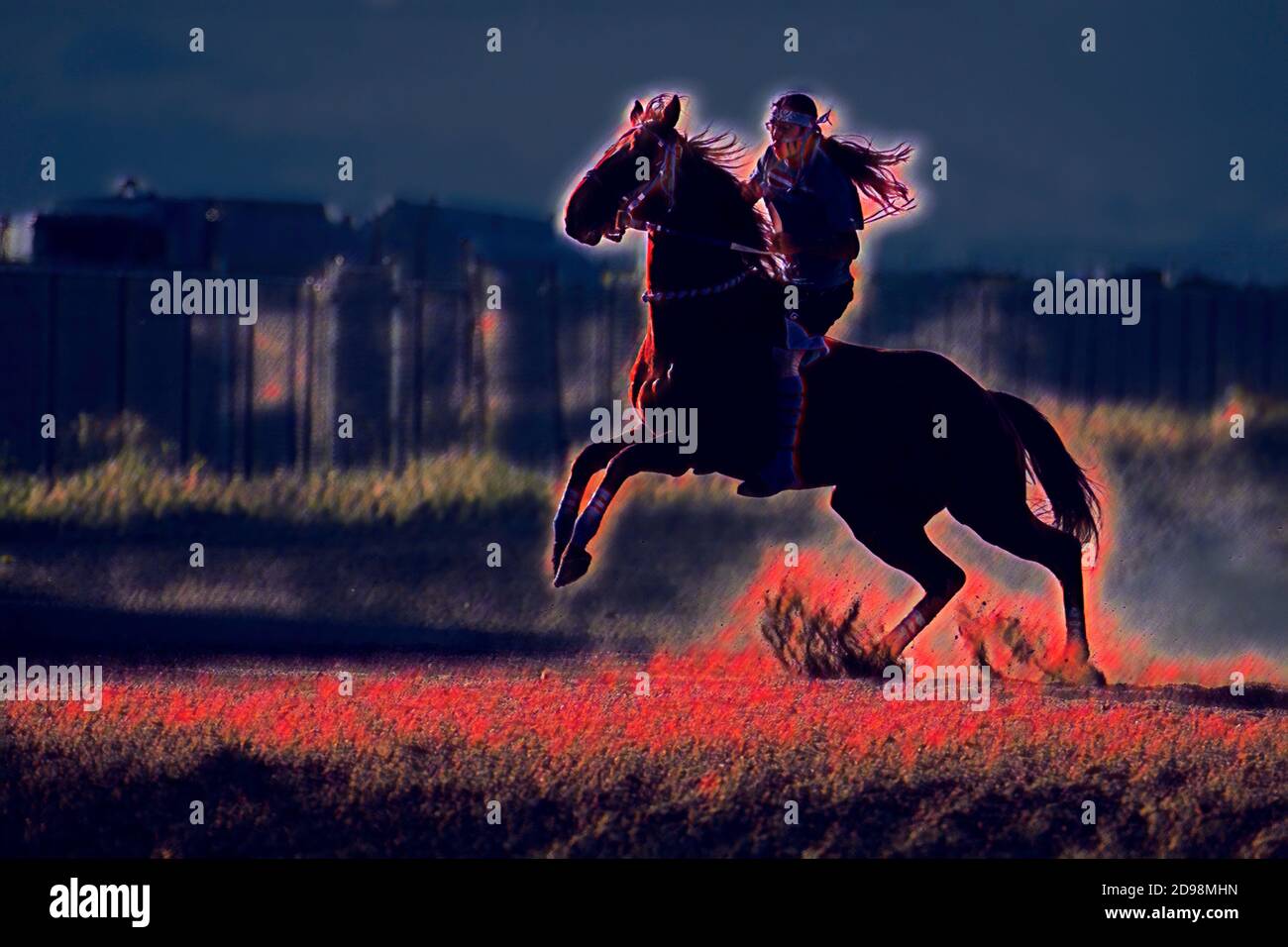 Ilustración o pintura de un guerrero indio norteamericano un caballo de cría Foto de stock