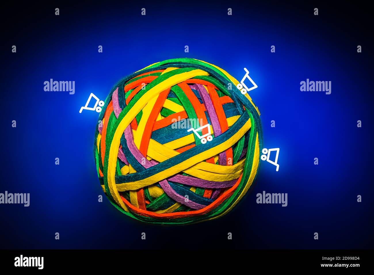 Bola de bandas de caucho de colores que simbolizan la Tierra con Compras Carros Foto de stock
