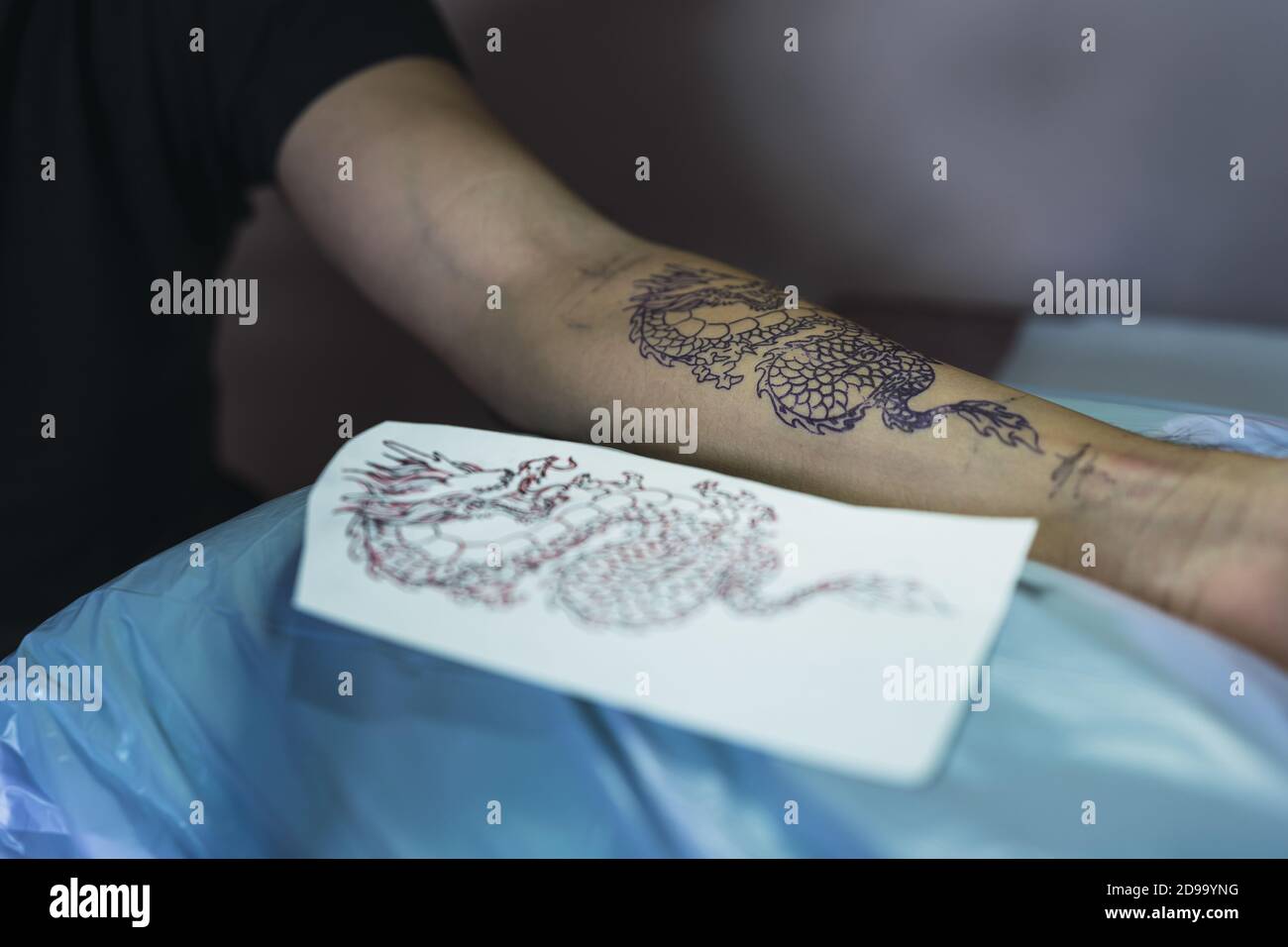 Artista Del Tatuaje Aplica Tatuaje Al Brazo. Ella Está Llenando De Tinta  Negra El Tatuaje. Fotos, retratos, imágenes y fotografía de archivo libres  de derecho. Image 183923979