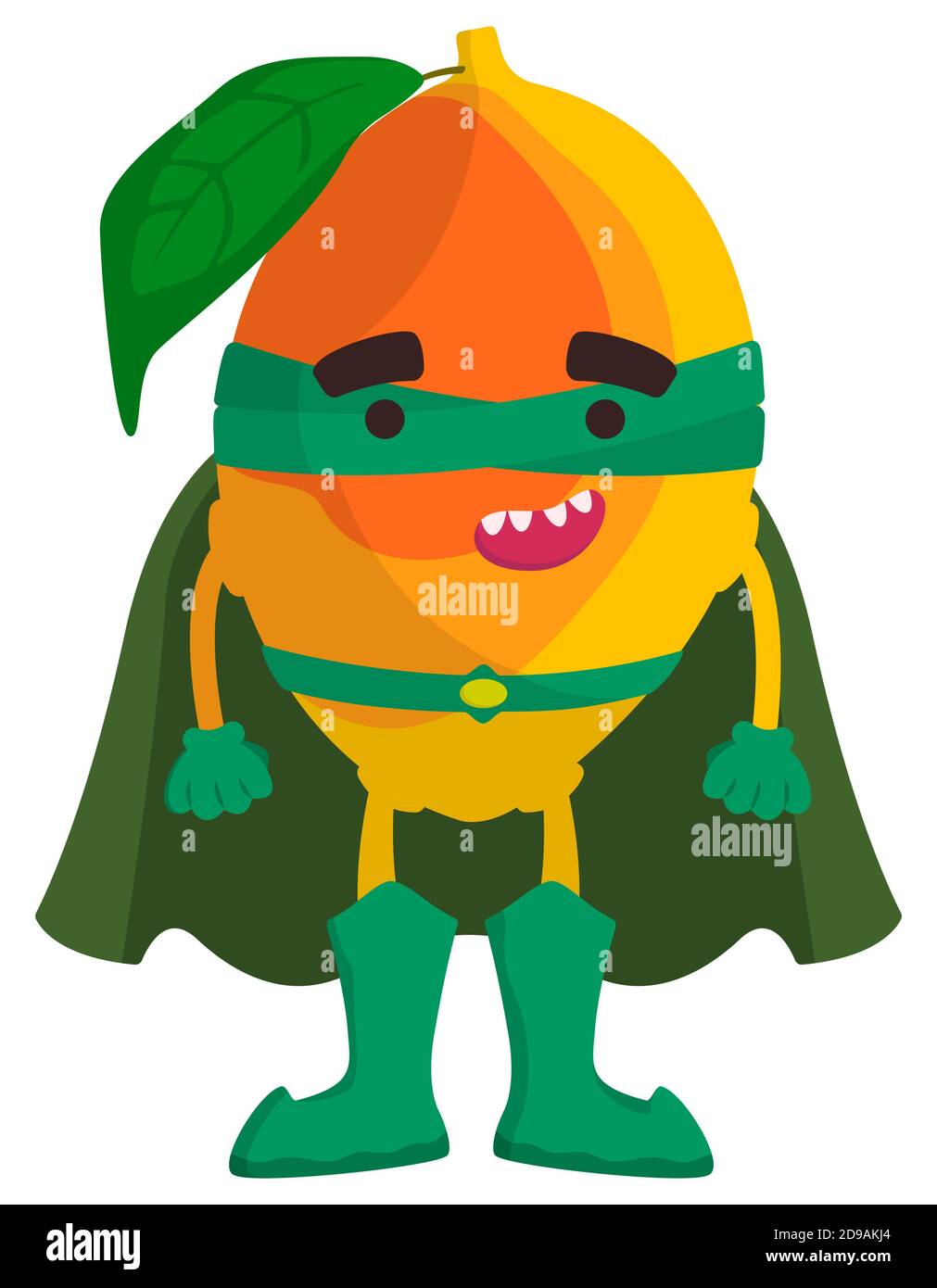 Divertido superhéroe de frutas. Mango en estilo de dibujos animados. Ilustración del Vector