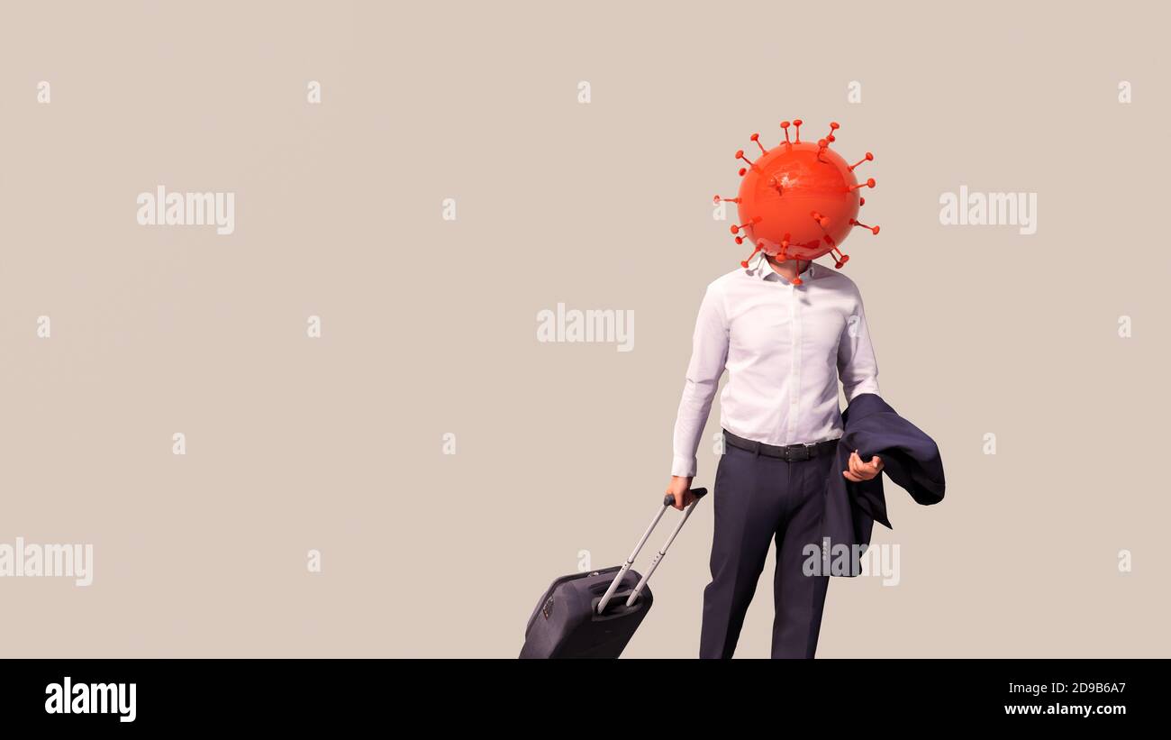 Concepto o ilustración conceptual 3d de un turista con equipaje y coronavirus sobre un fondo beige como metáfora la industria del turismo Foto de stock