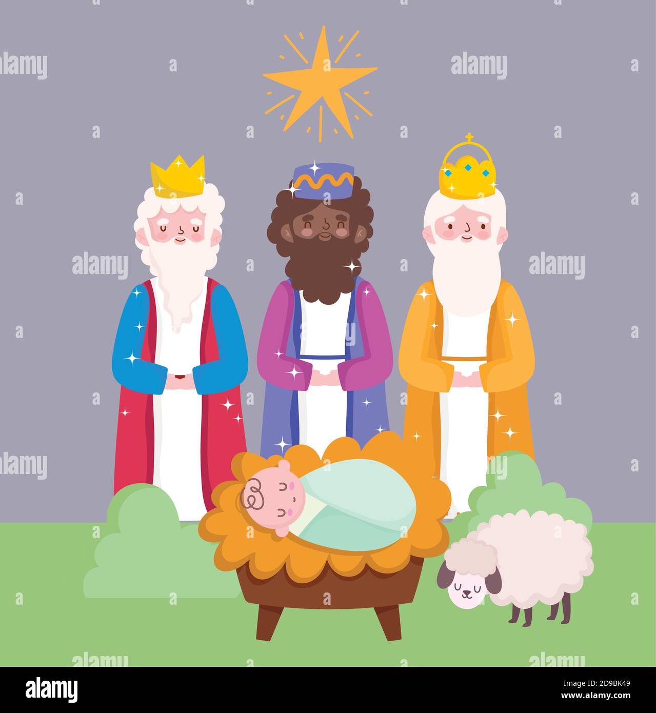 Natividad Pesebre Lindo Bebé Jesús Y Tres Reyes Sabios Dibujos Animados Vector Ilustración 8308