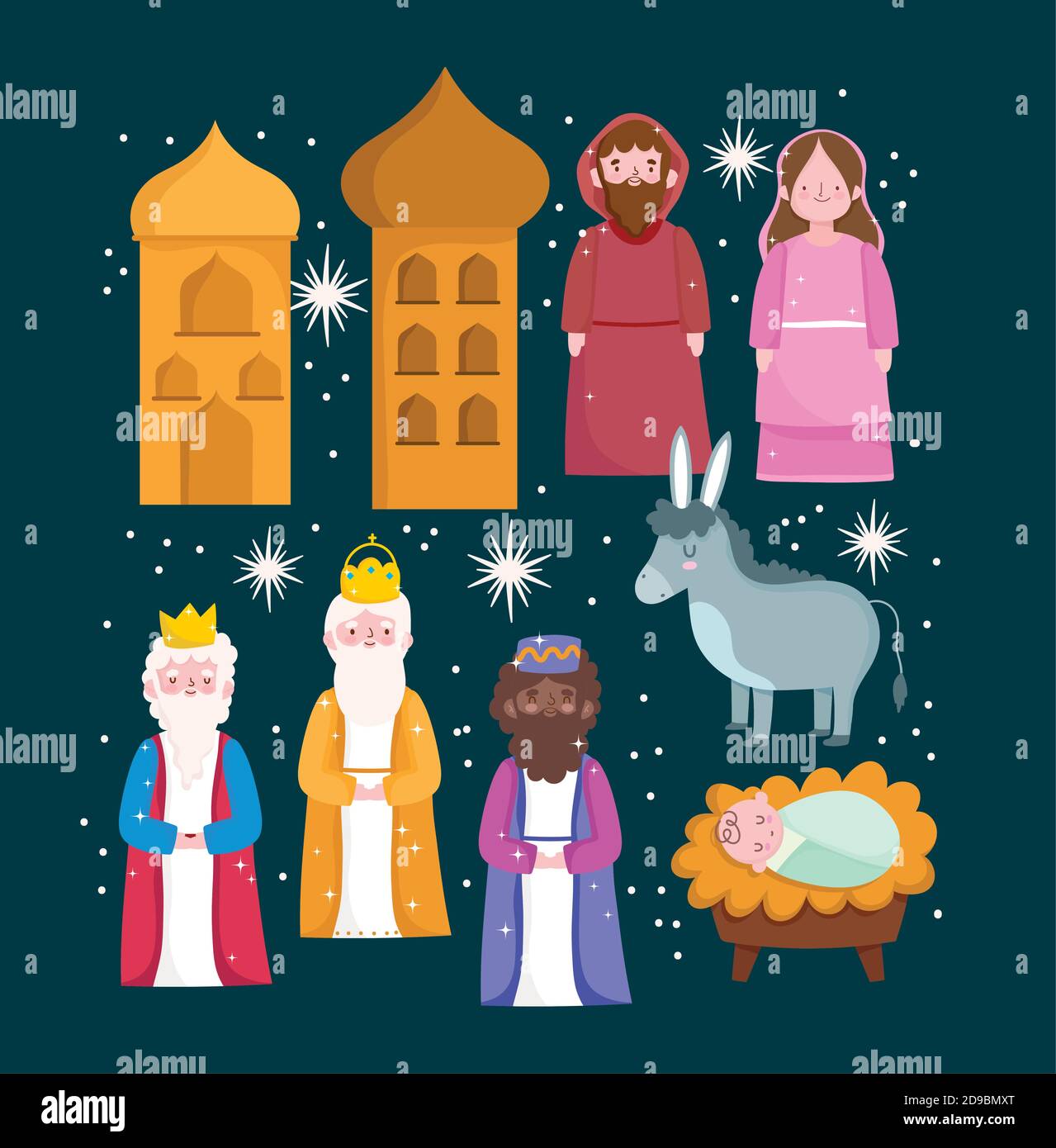 natividad, iconos de pesebre maría, josé, tres reyes, bebé y burro dibujo  vectorial de dibujos animados Imagen Vector de stock - Alamy