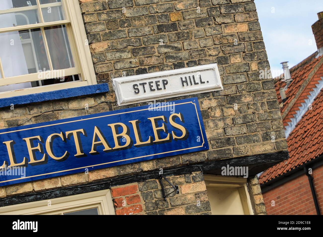 La señal de la calle para Steep Hill, Ciudad de Lincoln, Lincolnshire, Inglaterra, Reino Unido Foto de stock