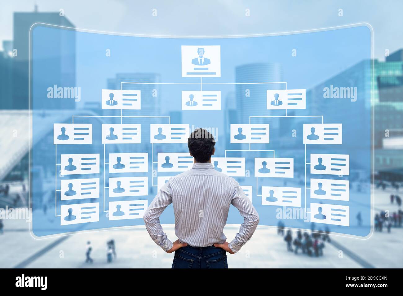 Organigrama que muestra la estructura jerárquica de los equipos en la corporación con CEO, directores, ejecutivos y empleados. Director de Recursos Humanos trabajando Foto de stock