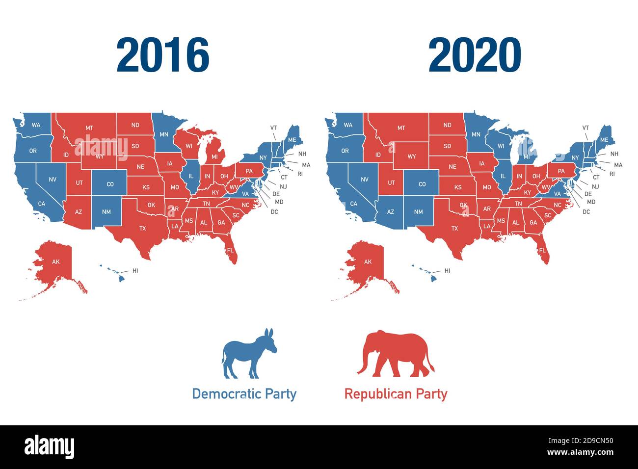 Comparación de los resultados de las elecciones presidenciales de 2016 y  2020 en Estados Unidos mapa por estado Fotografía de stock - Alamy