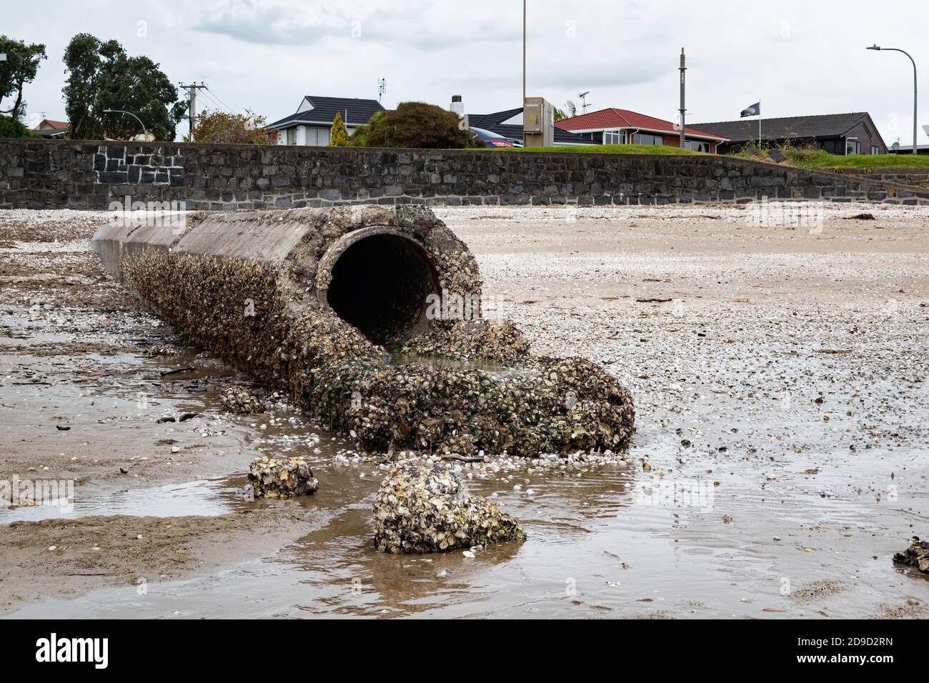 AUCKLAND, NUEVA ZELANDA - Nov 11, 2019: Vista del tubo de aguas pluviales de hormigón que drena el agua de lluvia al mar Foto de stock