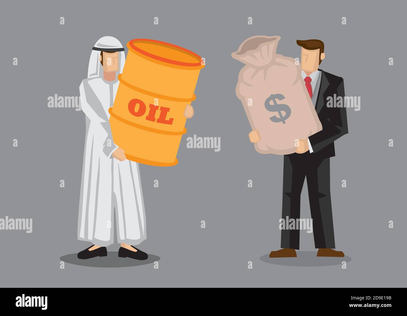 Dibujo de dibujos animados vectoriales de hombre árabe y hombre de negocios  llevando barril de petróleo y bolsa de dinero. El concepto para la  transacción internacional del negocio del petróleo es Imagen