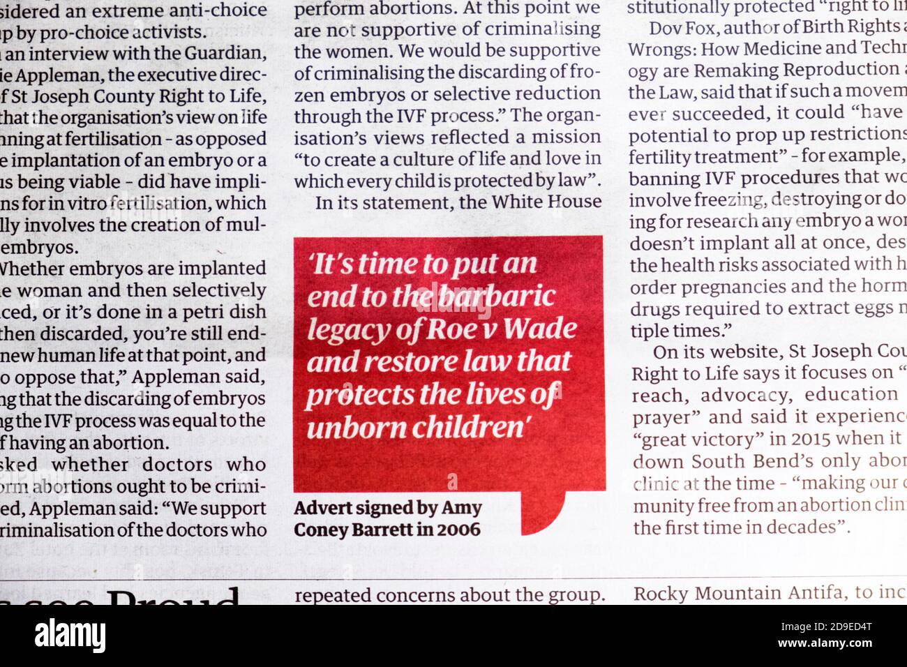Amy Coney Barrett anuncio 2006 'es hora de poner un Fin al legado bárbaro de Roe v Wade & restaurar la ley que protege la vida de los niños no nacidos" Foto de stock