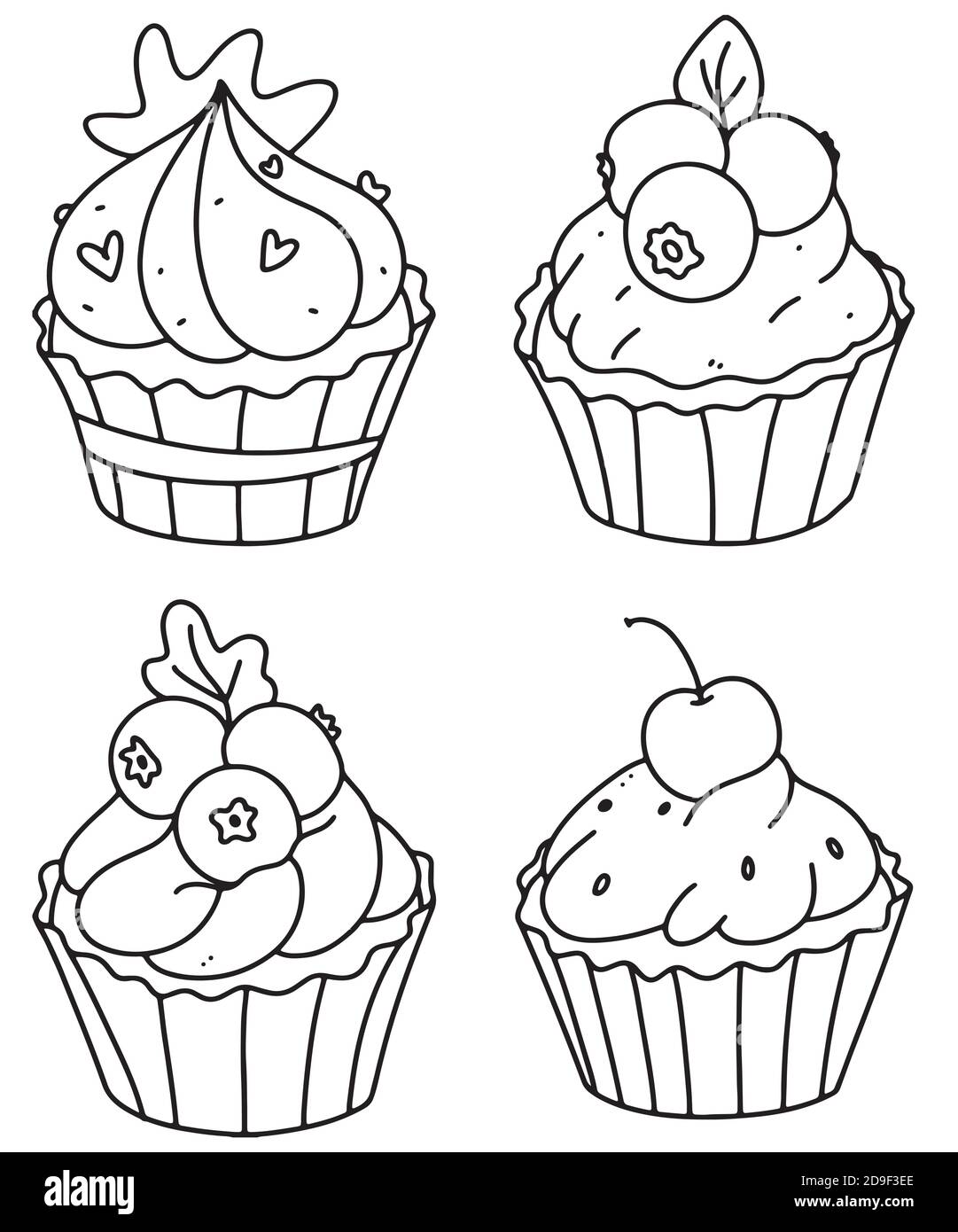 Página para colorear cute cupcakes. Juego de  ilustración  vectorial de  conjunto de muffins Imagen Vector de stock - Alamy
