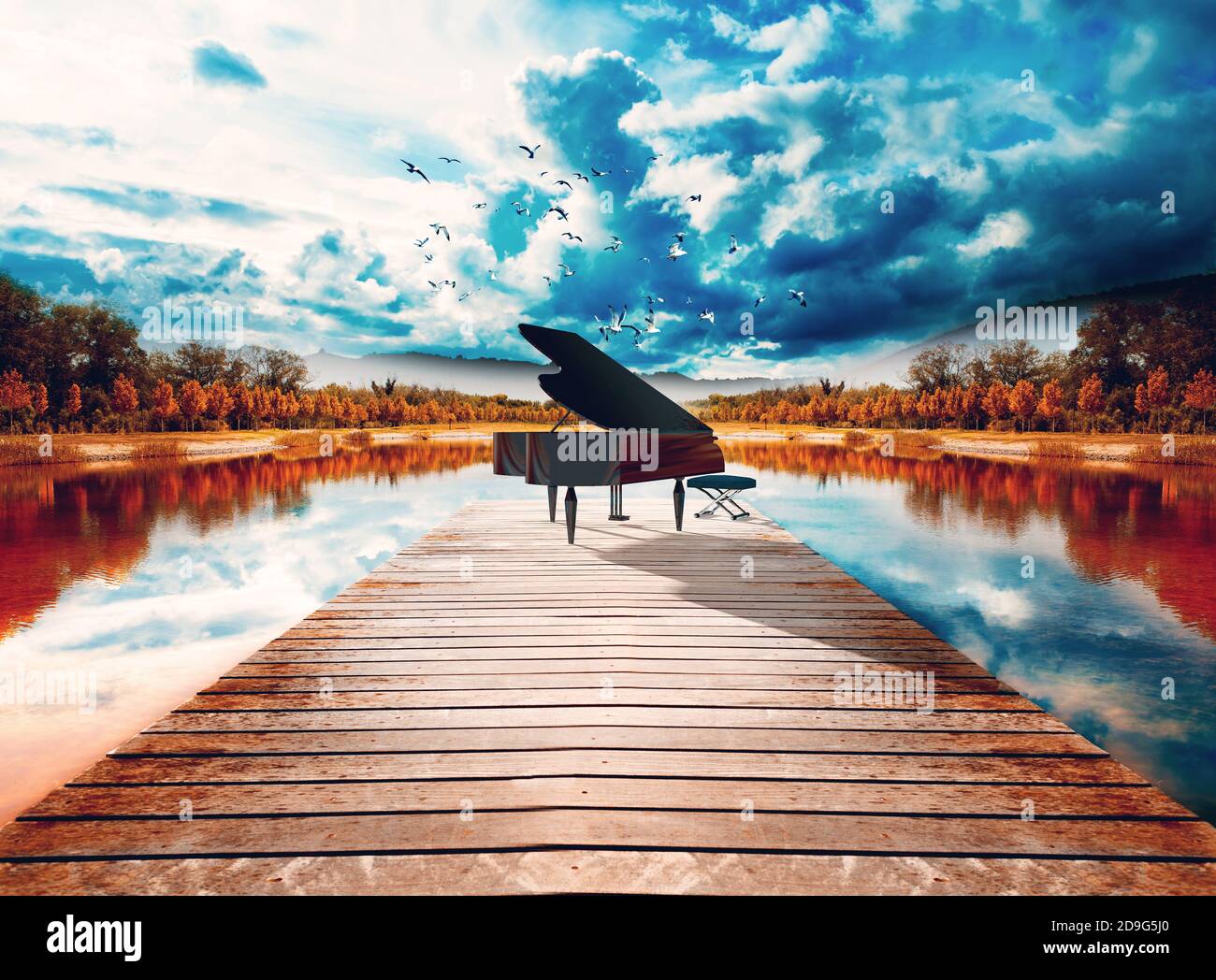 Música concepto fondo.paisaje escénico.Lago y árboles.Piano en la  naturaleza Fotografía de stock - Alamy